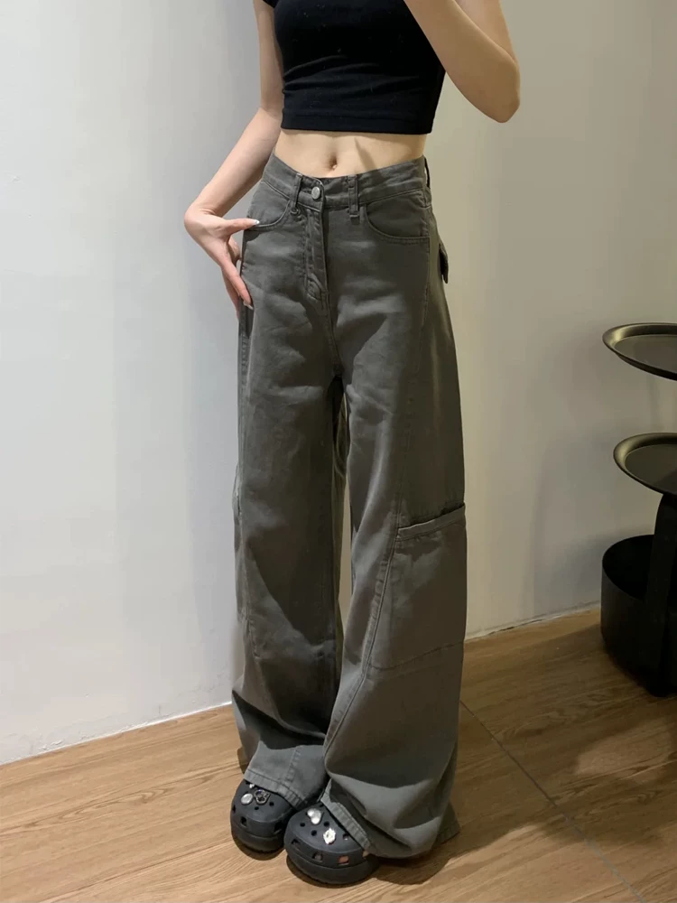 Quần jean công sở màu xám cổ điển của Mỹ dành cho nữ, phong cách mùa xuân mới, cỡ lớn, lưng cao, dáng rộng, giảm béo, quần ống rộng