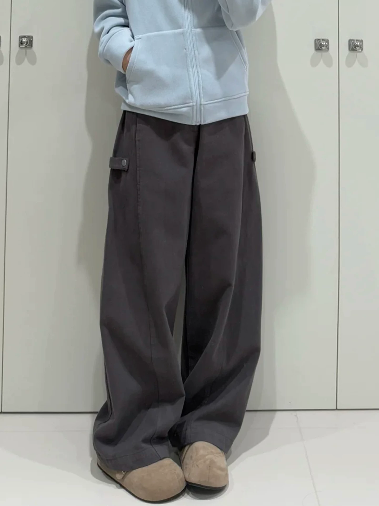 Quần âu nữ thu đông, size lớn, lót lông cừu, quần cargo dày dặn, dáng quả lê, lưng cao, tôn dáng, quần ống rộng