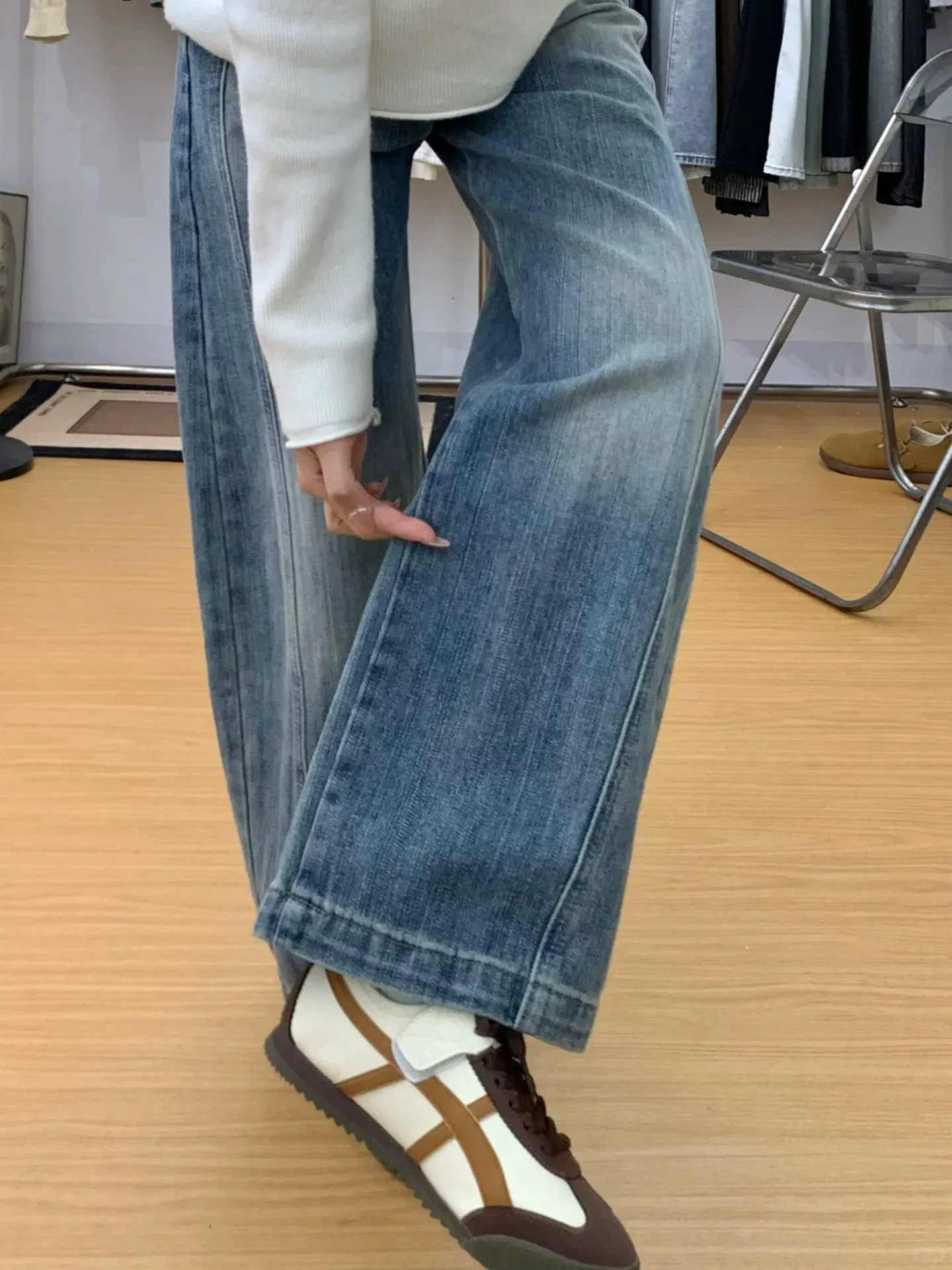 Quần jean cổ điển kiểu Mỹ dành cho nữ, phong cách mùa thu mới, cỡ lớn, lưng cao, giảm béo, kiểu dáng hẹp, quần ống rộng hình kiếm