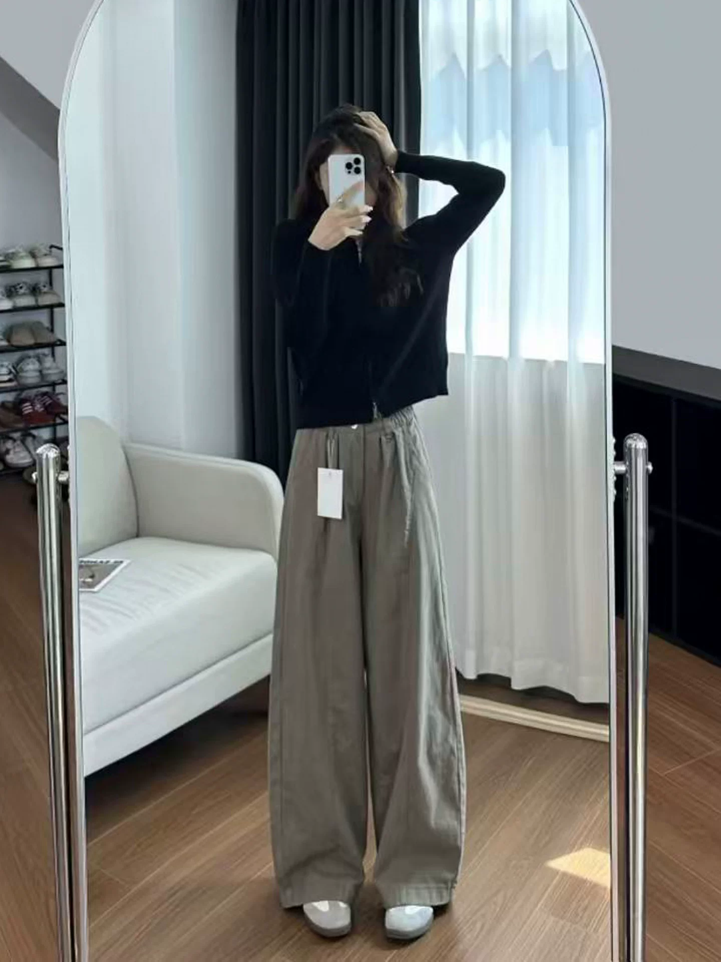 Quần kaki cargo kiểu Mỹ dành cho nữ, mùa thu, cỡ lớn, lưng cao, dáng rộng, tôn dáng, quần ống rộng kiểu scimitar