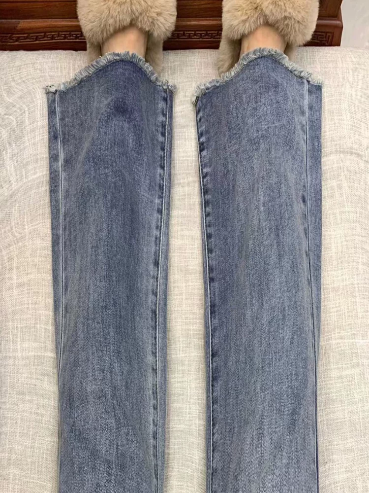 Thân hình quả lê, quần jean ống thẳng hơi loe dành cho nữ, trang phục cỡ lớn đầu thu, quần ống loe co giãn che hông, cạp cao, giúp giảm béo dành cho phụ nữ mũm mĩm.