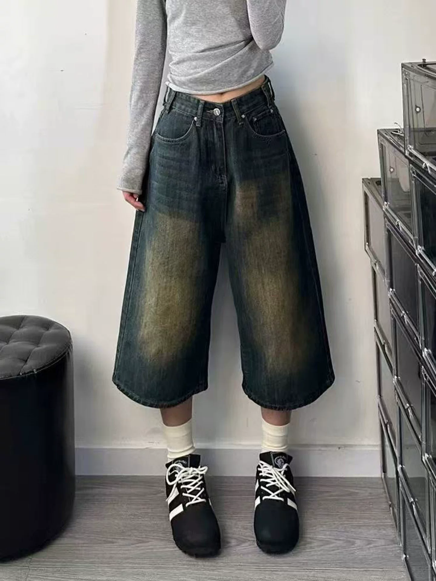 Quần short denim ống rộng kiểu Mỹ cổ điển dành cho nữ, cỡ lớn mùa hè, cạp cao, dáng rộng, tôn dáng, ống thẳng, quần dài vừa phải.