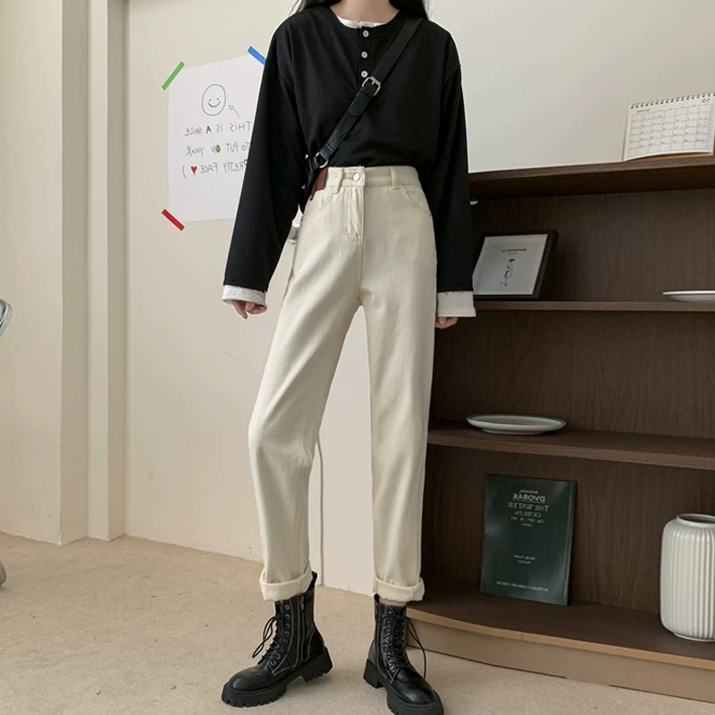 Quần jean dáng quả lê dành cho nữ 2022 phong cách đầu thu cỡ lớn béo mm quần ống rộng che hông dáng thẳng eo cao giảm béo