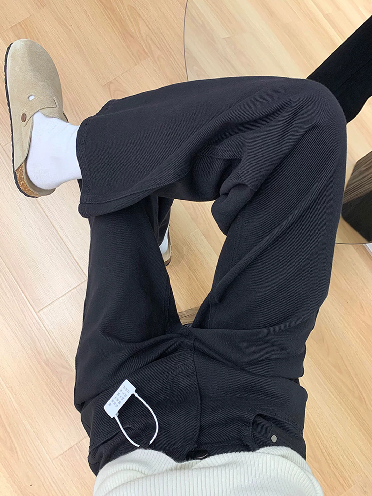 Quần jean ống rộng màu đen dành cho nữ, phong cách thu đông, lót lông cừu, cỡ lớn, cạp cao, tôn dáng, quần ống thẳng dài chạm sàn.