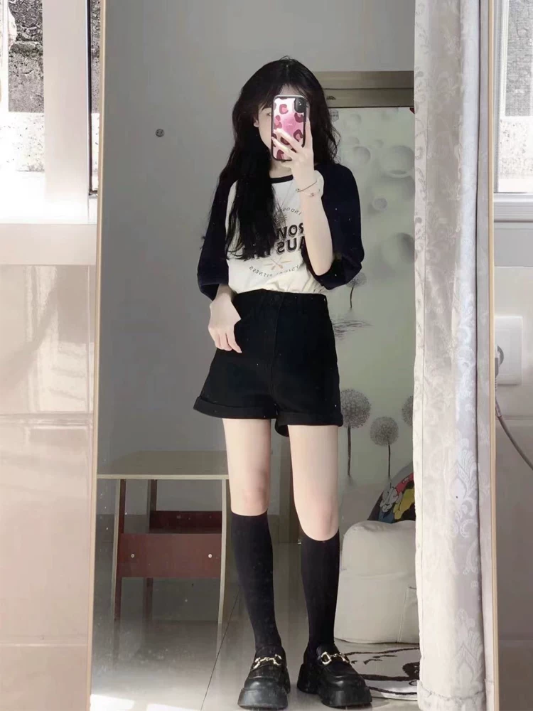 Quần short denim nữ dáng quả lê nhỏ nhắn dành cho mùa hè, cỡ lớn, lưng cao, co giãn, che hông, quần chữ A tôn dáng thon gọn