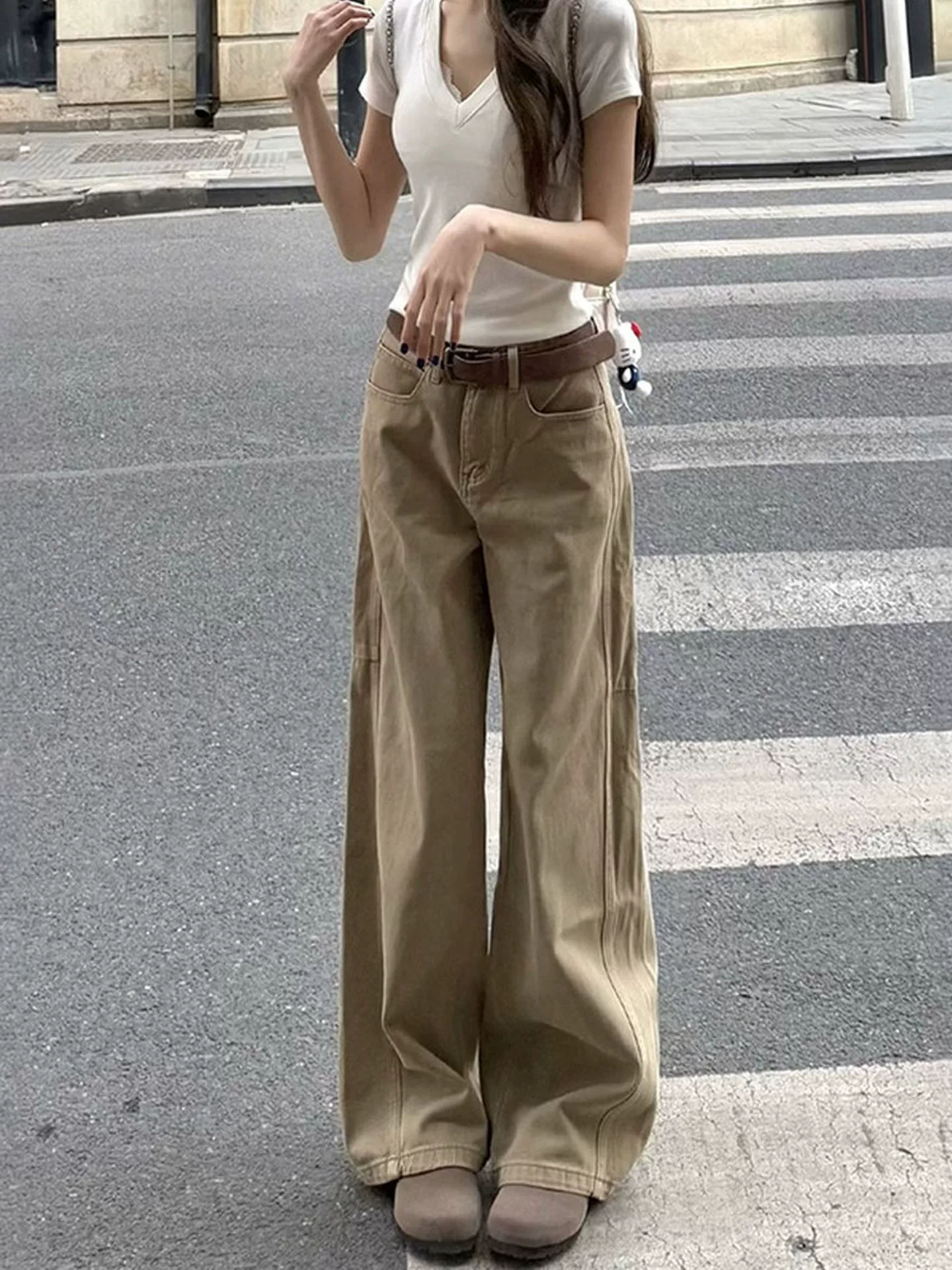 Quần jean kaki ống thẳng cho nữ, kiểu dáng mùa thu mới, cỡ lớn, lưng cao, che hông, giảm béo, dáng quả lê, quần ống rộng