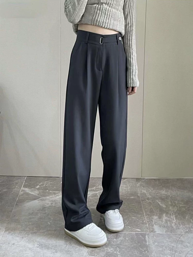 Quần âu ống đứng màu xám dành cho nữ, phong cách mới đầu thu, cỡ lớn, lưng cao, mềm mại, che hông, giảm béo, quần ống rộng thông thường