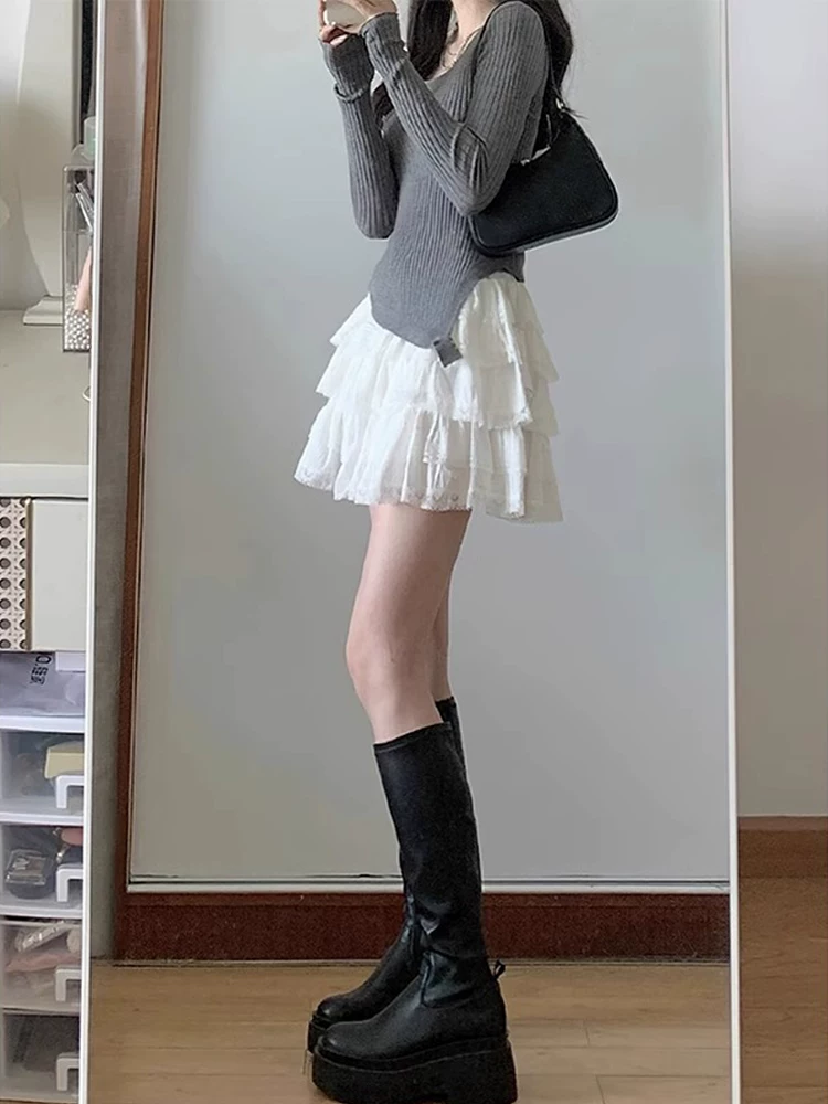 Váy bánh bèo ren trắng cho nữ, size lớn mùa hè, lưng cao, che hông, váy chữ A thon gọn.