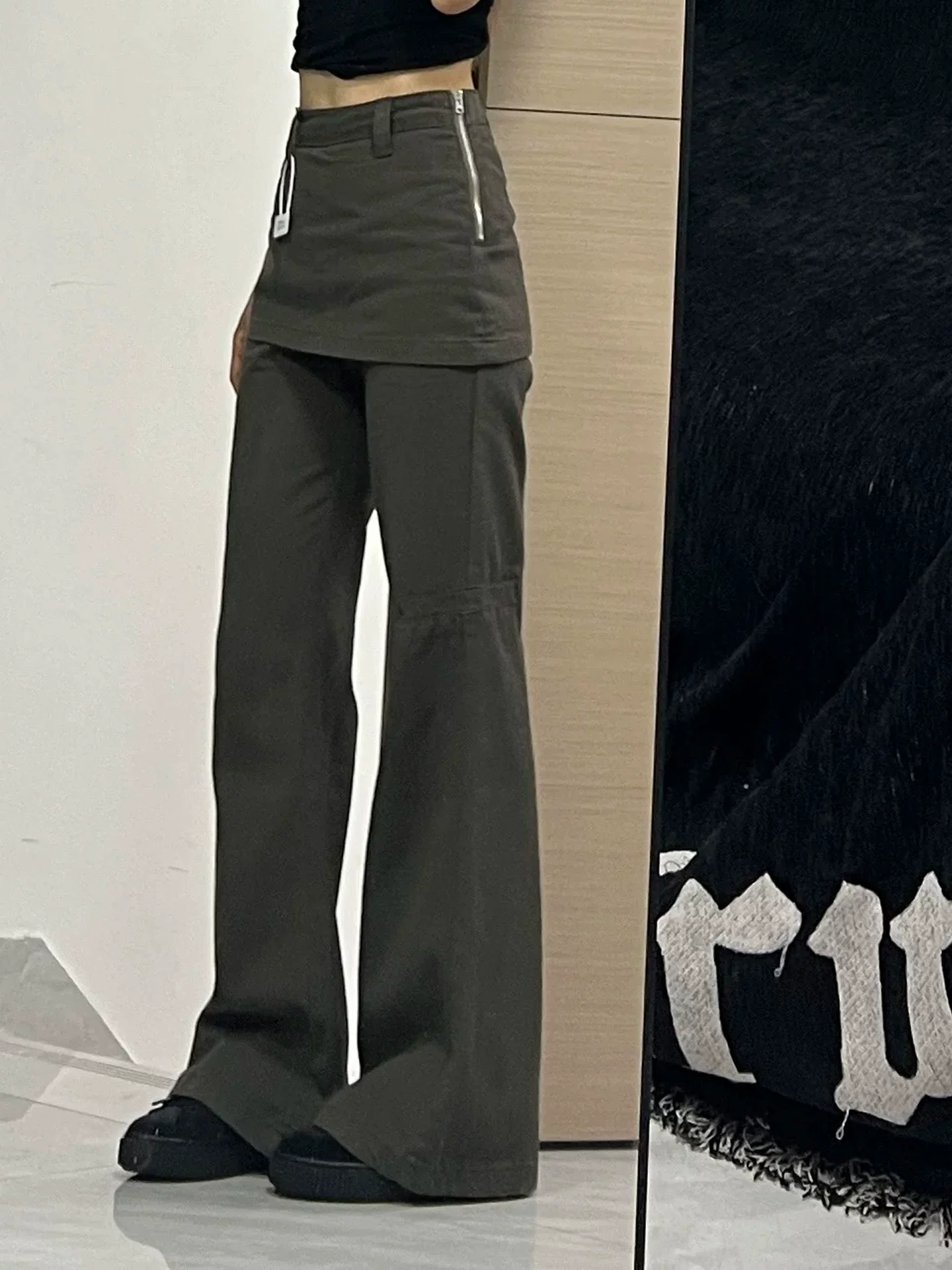 Quần jeans giả hai mảnh kiểu Mỹ dành cho nữ, thu đông 2025, size lớn, cạp cao, dáng rộng, tôn dáng, quần chuông công sở