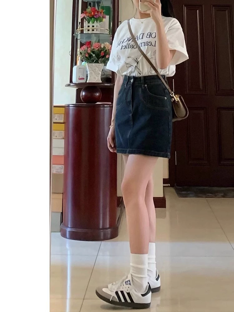 Váy ngắn denim dành cho nữ, váy chữ A dáng quả lê mùa hè, cỡ lớn, lưng cao, che bụng, giảm béo, váy nửa thân nhỏ nhắn.