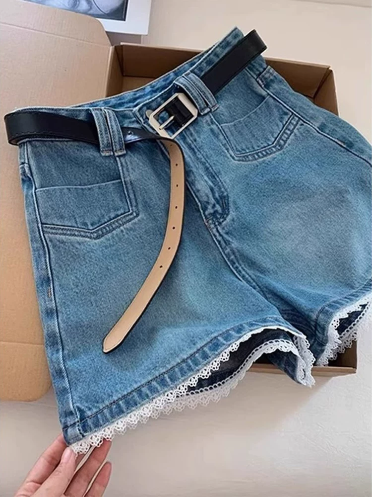 Quần short denim xanh vintage nữ mùa hè 2025, size lớn, cạp cao, dáng rộng, tôn dáng, kiểu dáng chữ A, ống rộng, quần short ngắn