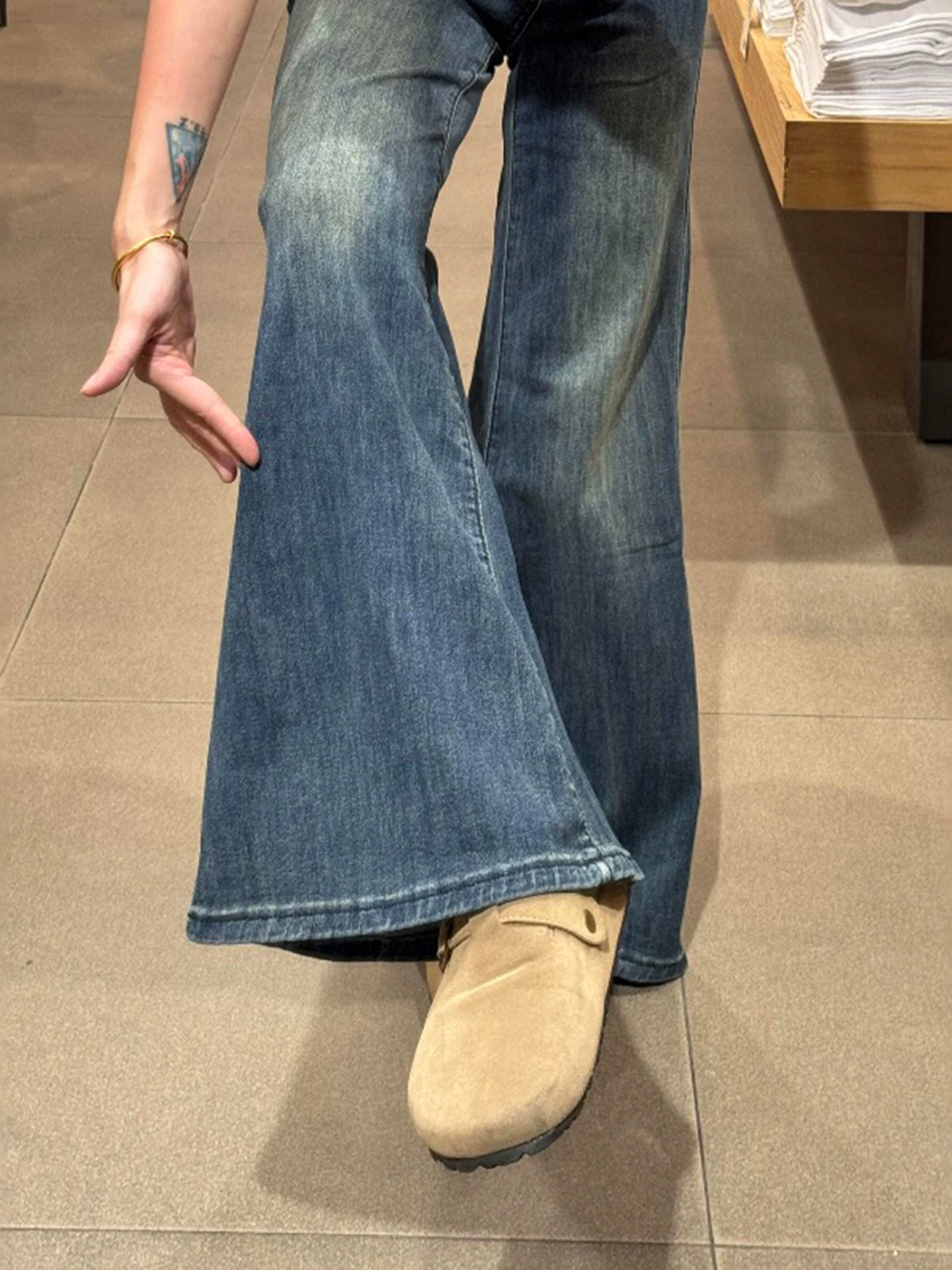 Quần jean bootcut kiểu Mỹ dành cho nữ, mùa thu, ống rộng, tôn dáng, size lớn, cạp cao, co giãn, quần loe tôn dáng