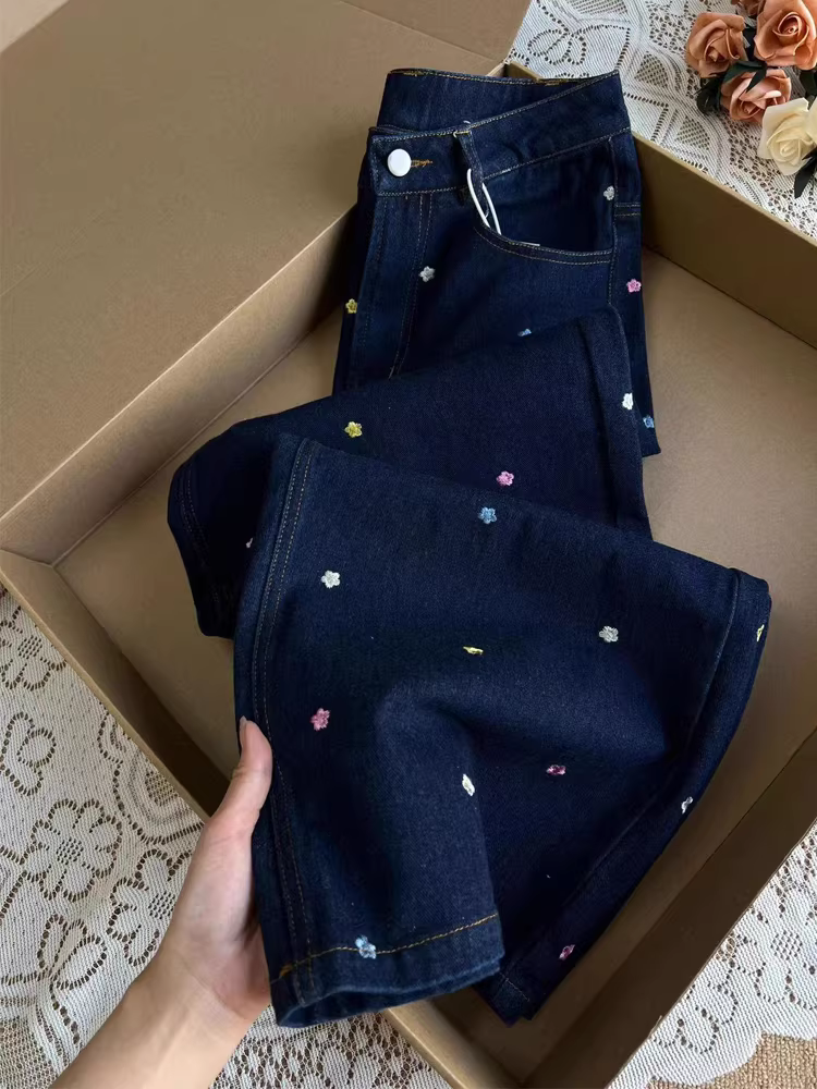 Quần jean ống đứng thêu hoa cổ điển kiểu Mỹ dành cho nữ, cỡ lớn mùa thu, cạp cao, dáng rộng, quần ống rộng giúp giảm béo