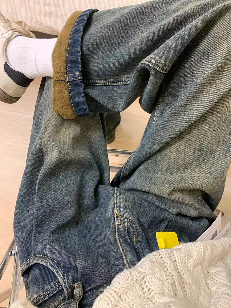Quần jeans ống đứng dày dặn lót lông cừu cổ điển dành cho nữ mùa thu đông 2024, size lớn, cạp cao, dáng rộng, tôn dáng