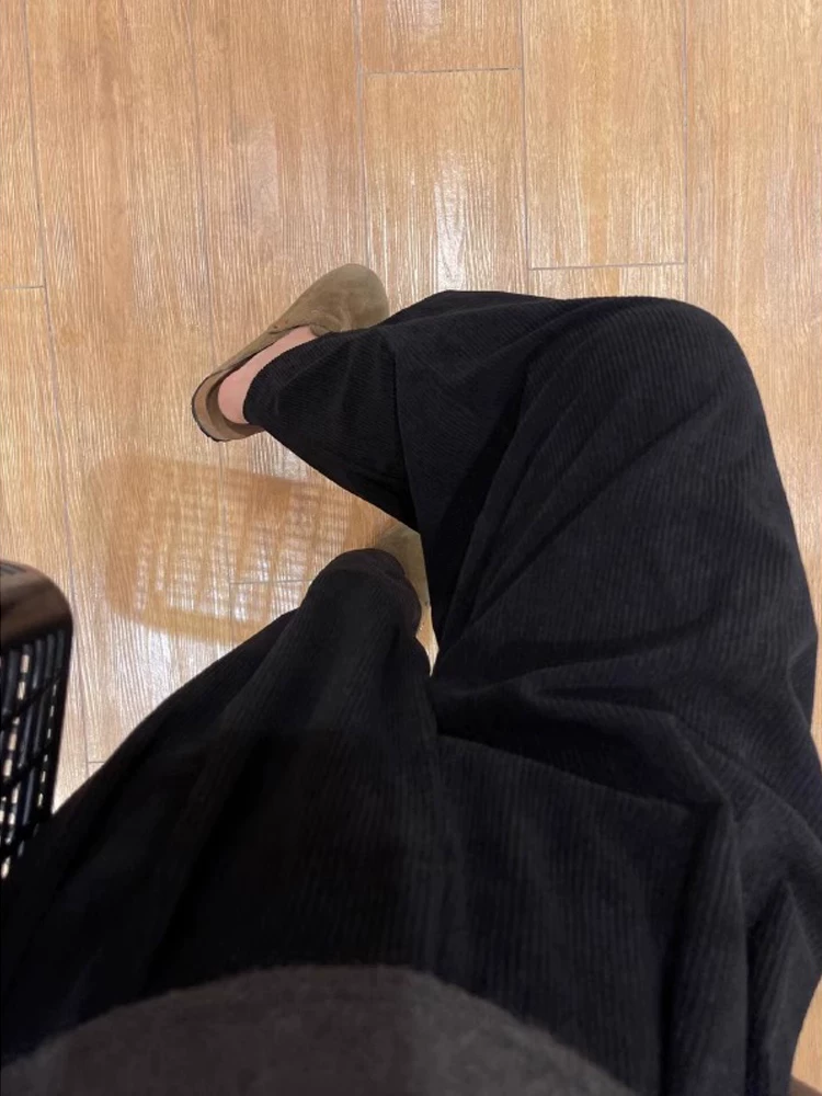 Quần vải nhung đen thường ngày dành cho nữ, cỡ lớn, mùa thu đông, lót lông cừu, dày dặn, phong cách lười biếng, lưng cao, giảm béo, quần ống rộng.