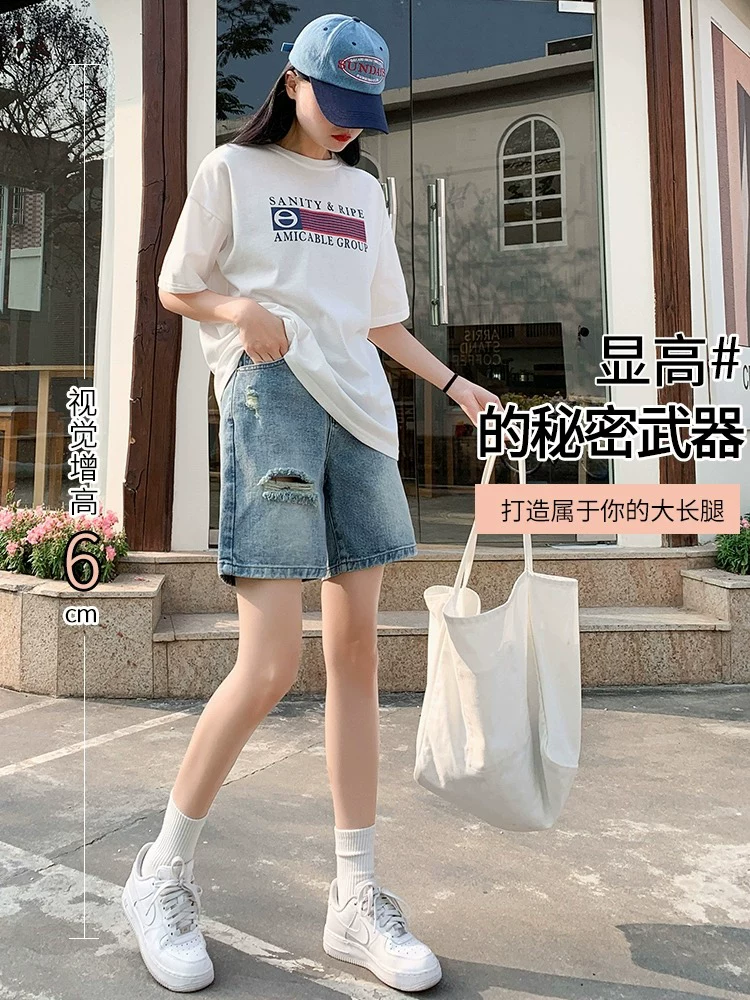 Quần short denim rách dáng quả lê dành cho nữ, size lớn mùa hè, cạp cao, dáng rộng, tôn dáng, ống thẳng, ống rộng, quần short dài đến giữa đùi.