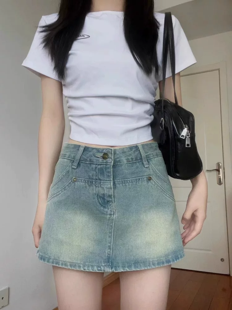 Váy ngắn denim dáng quả lê dành cho nữ, size lớn mùa hè, cạp cao, che bụng, váy nửa thân thon gọn, váy chữ A che hông.