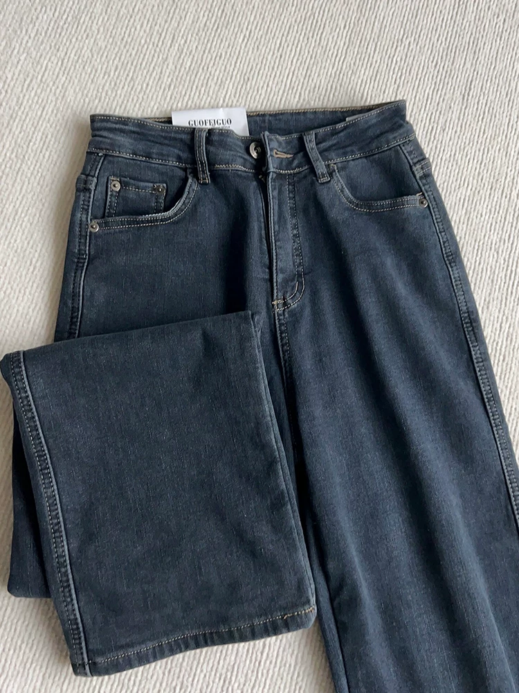 Quần jean ống đứng cho nữ, cỡ lớn, mùa thu đông, lót lông cừu, dày dặn, cạp cao, che hông, giảm béo, quần thuốc lá, dáng quả lê