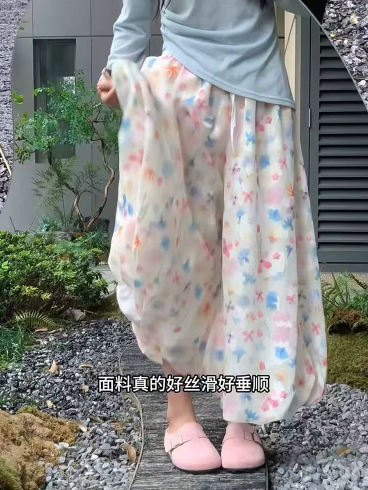 Quần hoa nhiều màu sắc dành cho nữ, kiểu dáng mỏng mùa hè, cỡ lớn, lưng cao, dáng suôn, tôn dáng, họa tiết hoa, quần phồng, quần ống rộng mát mẻ.