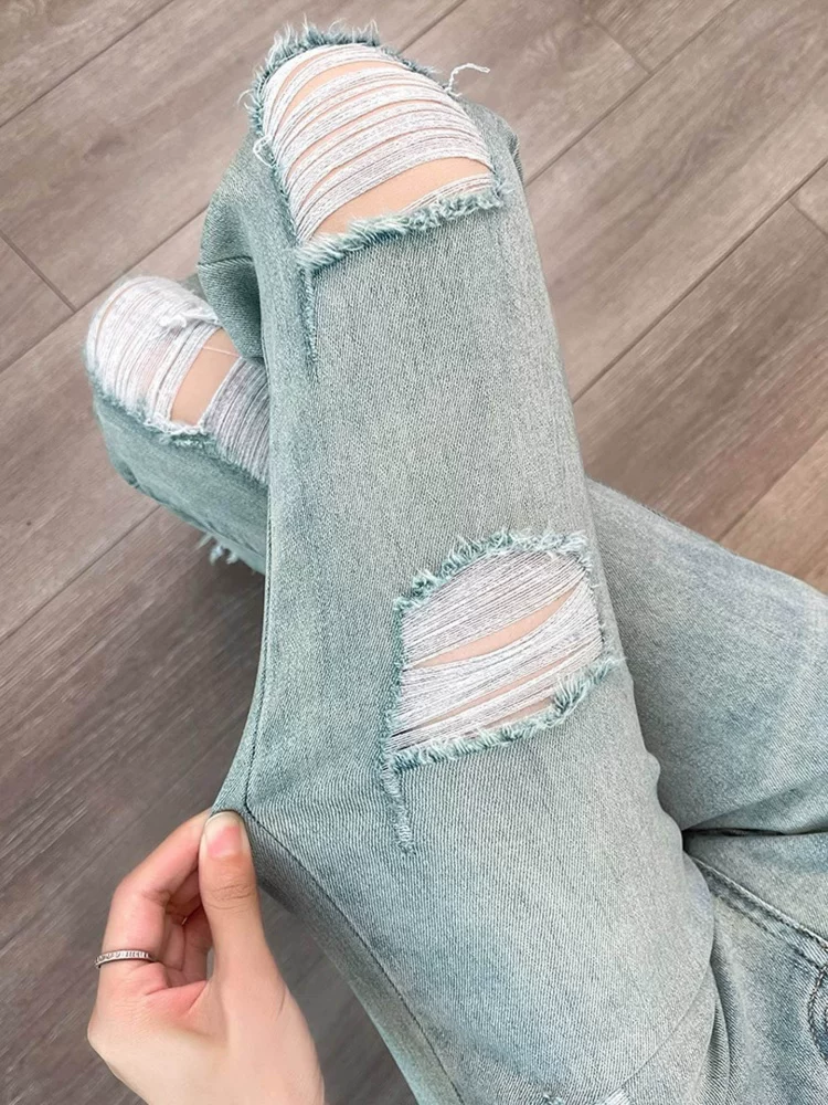 Quần jeans nữ ống loe rách, hè 2025, kiểu dáng mỏng, size lớn, cạp cao, co giãn, che hông, quần bootcut tôn dáng