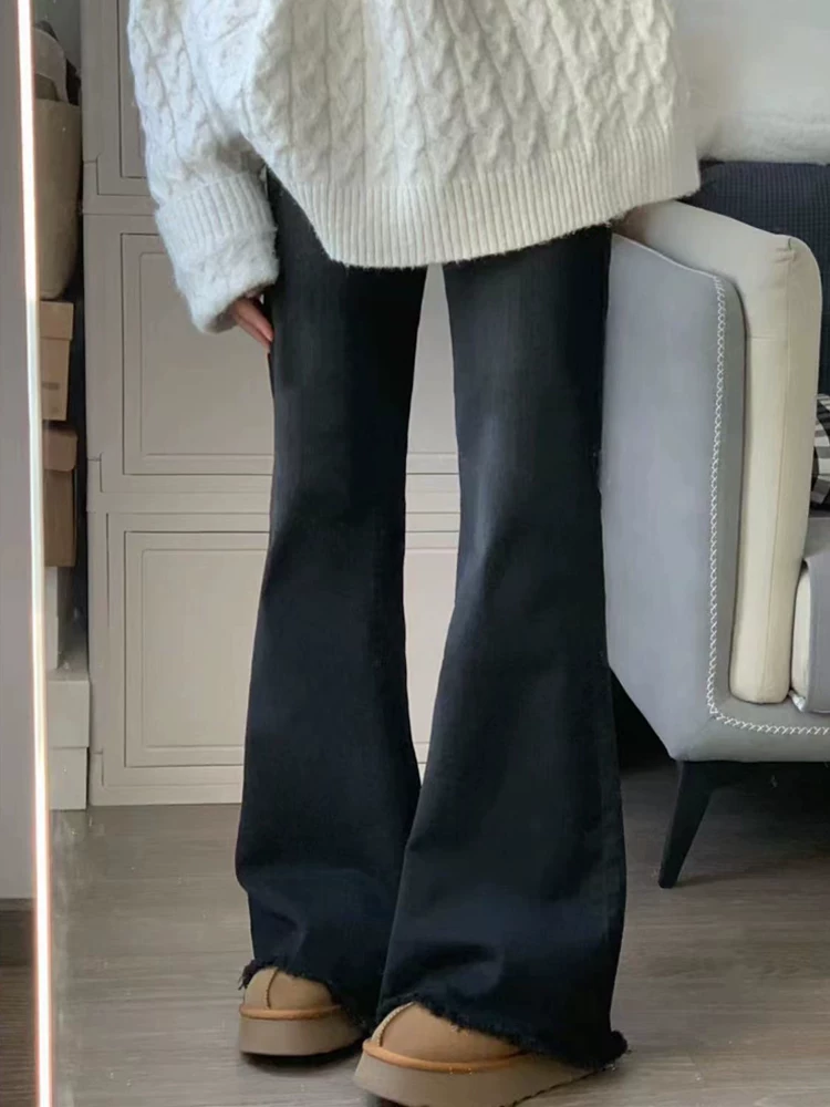 Quần jean ống đứng xòe có lớp lót lông cừu và tua rua dành cho nữ, cỡ lớn mùa đông, quần ống loe co giãn cạp cao tôn dáng mùa xuân