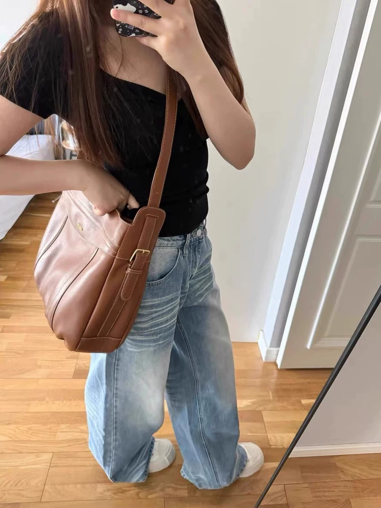 Quần jean ống thẳng kiểu Mỹ cổ điển dành cho nữ, phong cách mùa thu mới, cỡ lớn, lưng cao, dáng rộng, xếp nếp, giảm béo, quần ống rộng