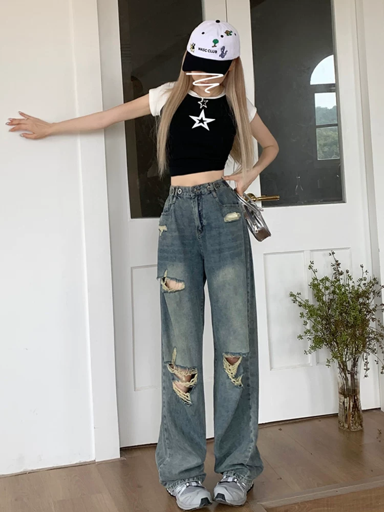 Quần jean rách dáng lê dành cho nữ, size lớn mùa hè, thiết kế lưng cao, dáng rộng thẳng, quần ống rộng tôn dáng