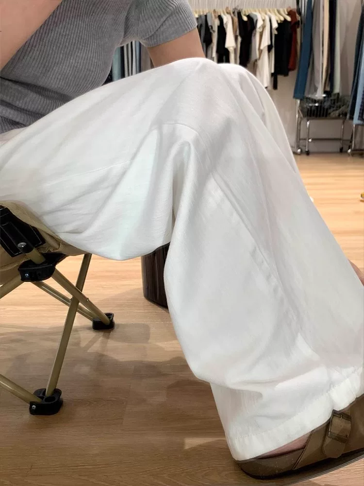 Quần âu nữ ống đứng màu trắng, hè 2025, chất liệu mỏng, size lớn, cạp cao, dáng rộng, suôn mềm, tôn dáng, quần ống rộng