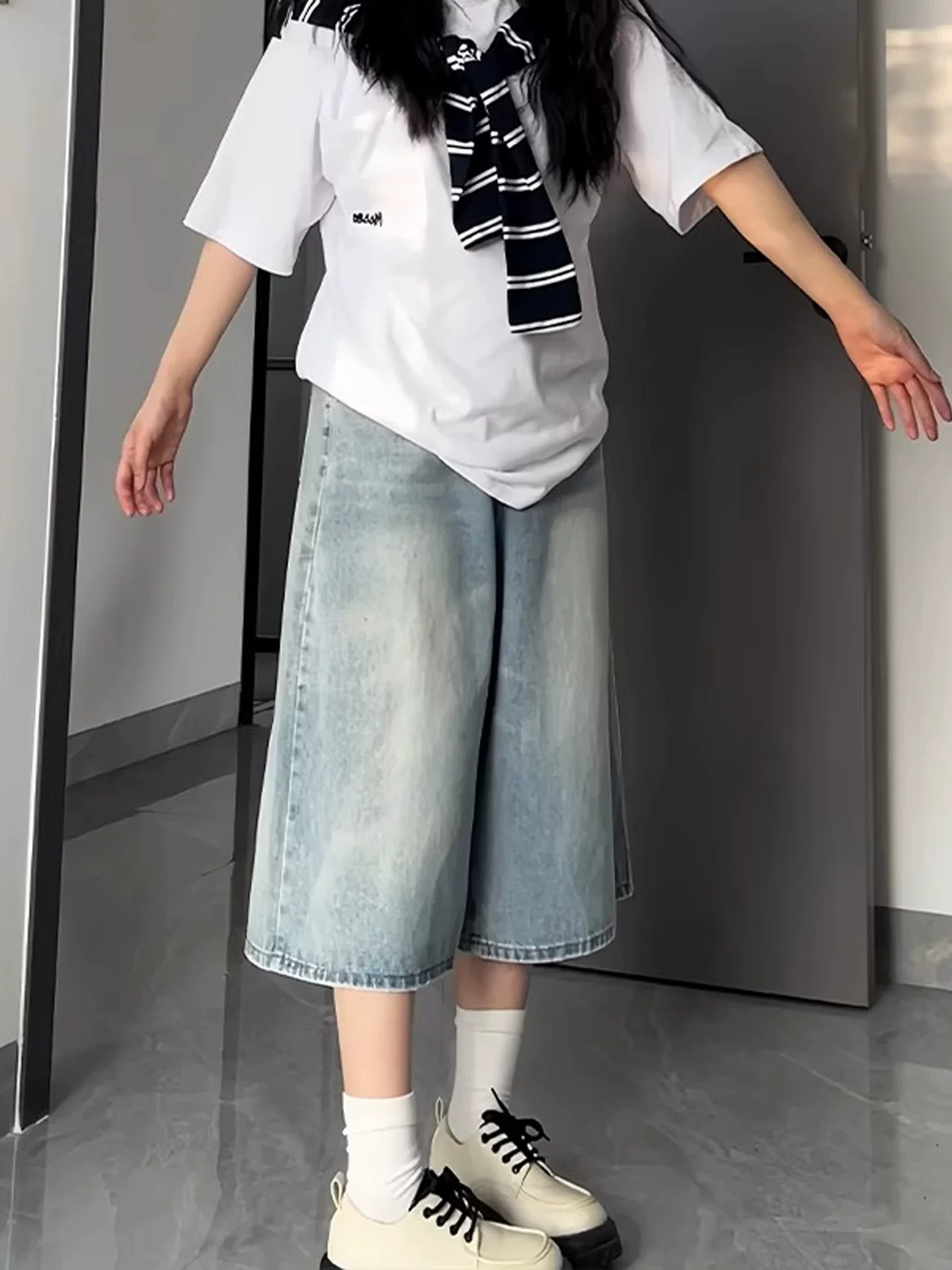 Quần jean ống rộng màu xanh nhạt dành cho nữ, size lớn mùa hè, cạp cao, dáng rộng, tôn dáng, quần dài vừa phải ống thẳng