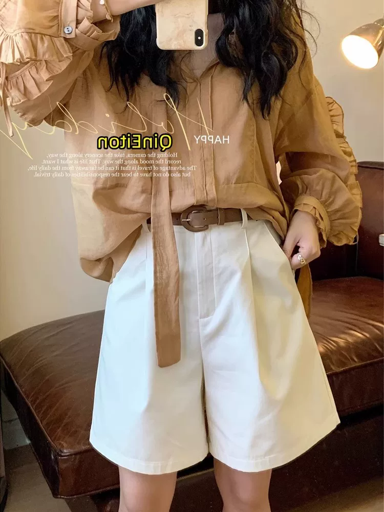 Quần short kaki cạp cao thường ngày dành cho nữ, size lớn mùa hè, đa năng, tôn dáng, dáng thẳng, kiểu chữ A, dài ngang đùi, ống rộng.