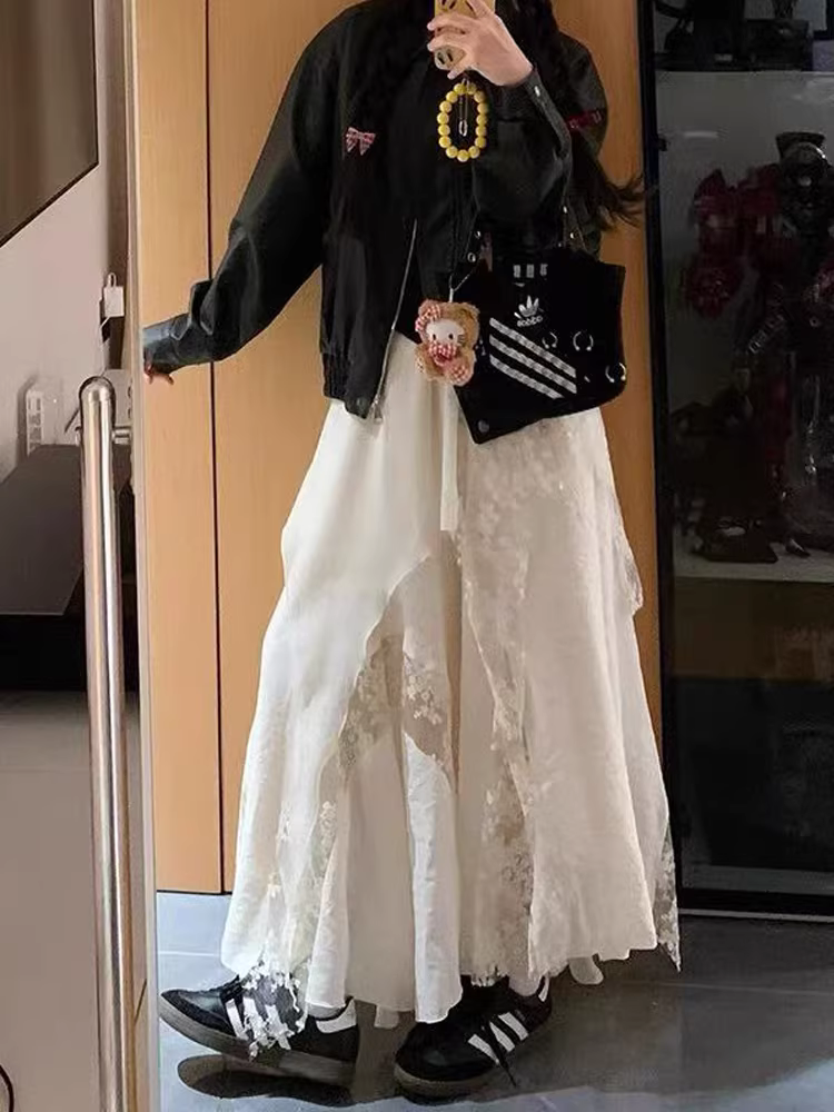 Váy ren nữ hè 2025 kiểu mới, size lớn, cạp cao, che hông, tôn dáng, dáng chữ A bất đối xứng, nhiều tầng