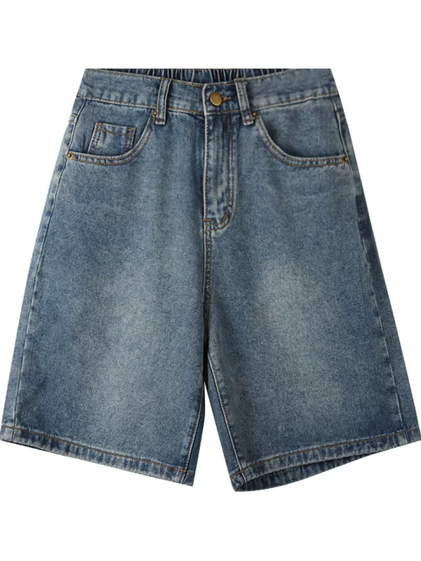 Quần short denim dáng lê dành cho nữ, size lớn mùa hè, phong cách cổ điển dành cho người nhỏ nhắn, cạp cao, dáng rộng, tôn dáng, quần short dài đến giữa đùi.