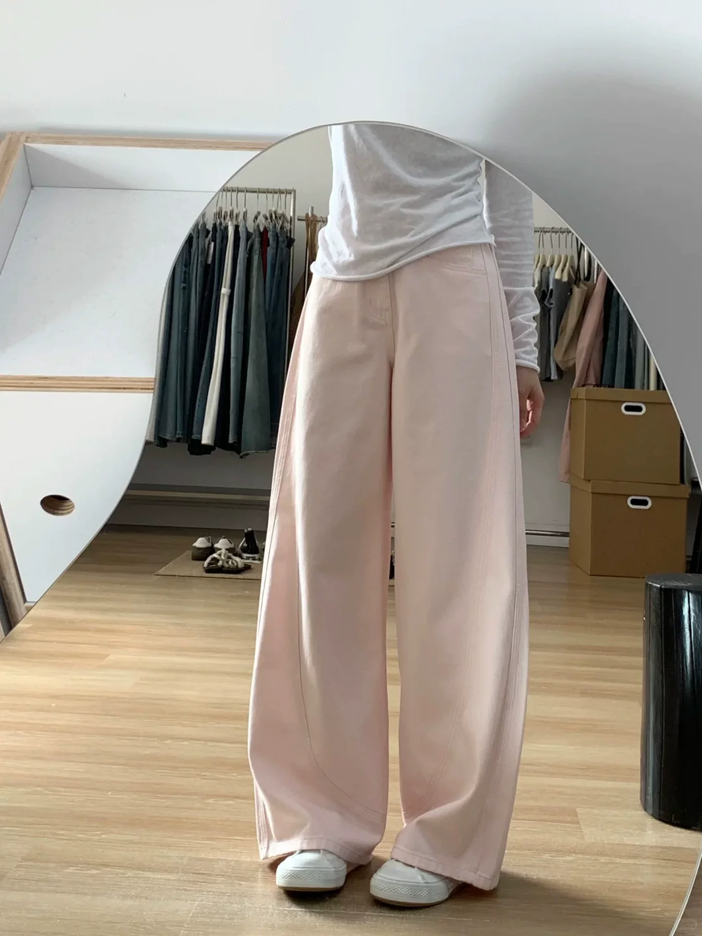 Quần ống rộng màu hồng dành cho nữ, kiểu mới thu đông 2025, size lớn, cạp cao, dáng rộng, tôn dáng, quần jean ống rộng thường ngày