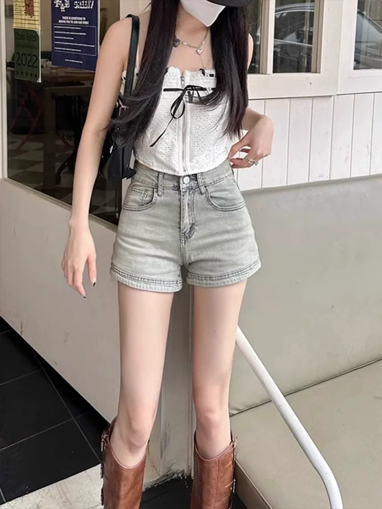 Quần short denim cổ điển kiểu Mỹ dành cho nữ, cỡ lớn mùa hè, cạp cao, che hông, co giãn, tăng chiều cao, quần chữ A giảm béo.