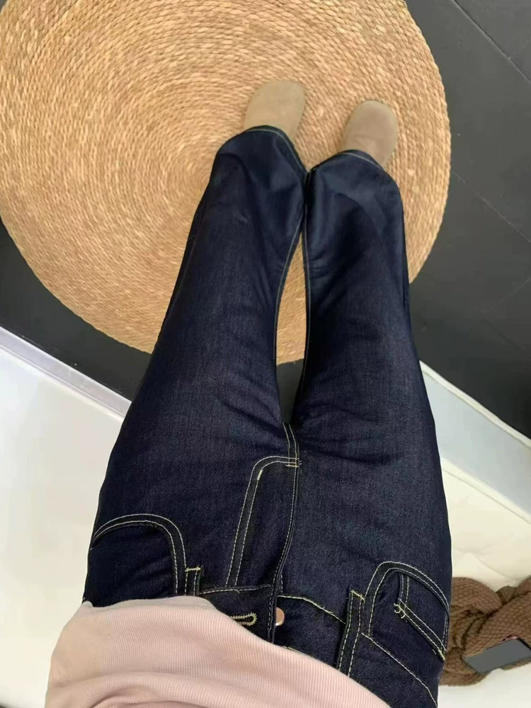 Quần jean xòe màu xanh đậm chất liệu Tencel dành cho nữ, kiểu dáng mỏng mùa hè 2025, size lớn, cạp cao, chất liệu mềm mại, tôn dáng, kiểu dáng chuông.