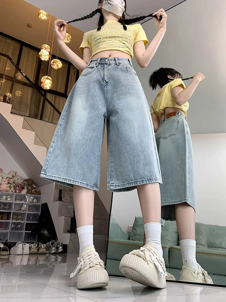 Quần short denim ống rộng, màu sáng, kiểu retro dành cho nữ, mùa hè 2025, size lớn, cạp cao, dáng rộng, tôn dáng, quần ống thẳng.