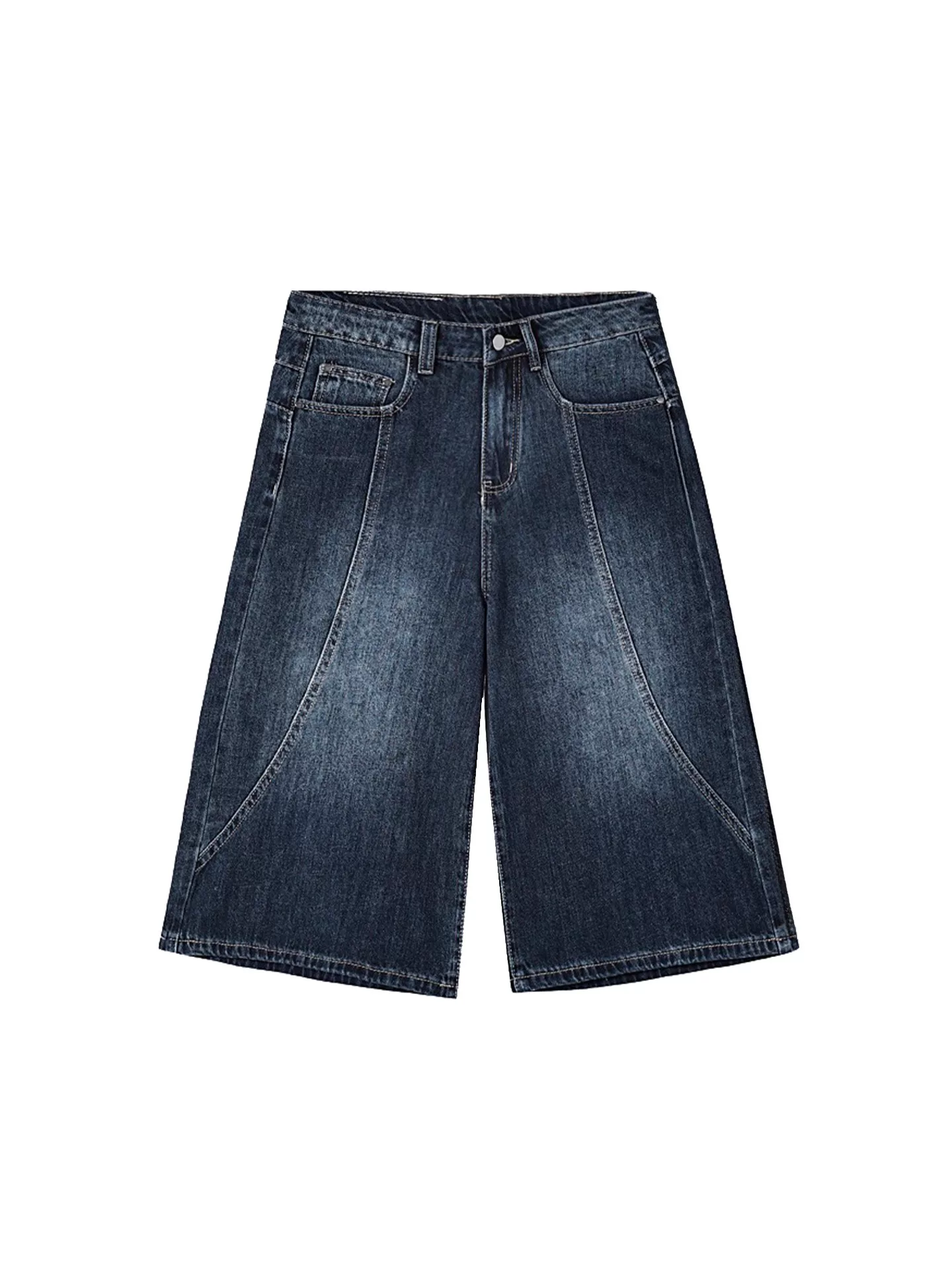 Quần short denim màu xanh đậm dành cho nữ, kiểu dáng mùa hè mới, cỡ lớn, lưng cao, dáng rộng, che hông, giảm béo, quần ống rộng cắt ngắn.