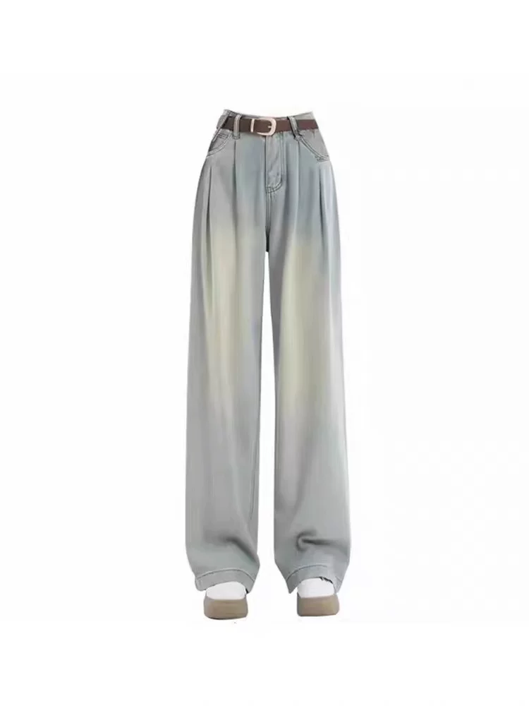 Quần jean ống thẳng Tencel dành cho nữ, kiểu dáng mỏng mùa hè, cỡ lớn, lưng cao, dáng rộng, mềm mại, tôn dáng, tăng chiều cao, quần ống rộng, dài chạm sàn.