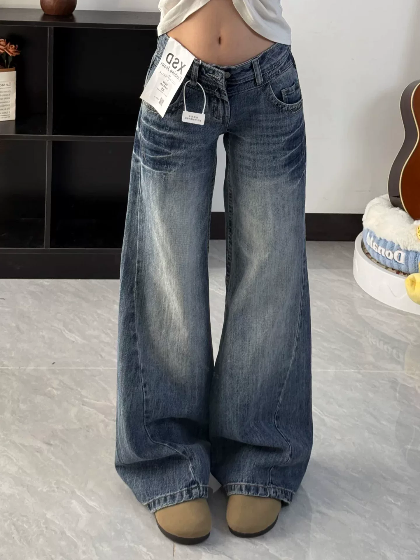 Quần jean ống loe kiểu Mỹ cổ điển dành cho nữ, mùa thu, cỡ lớn, cạp cao, dáng rộng, tôn dáng, quần ống loe không bó sát