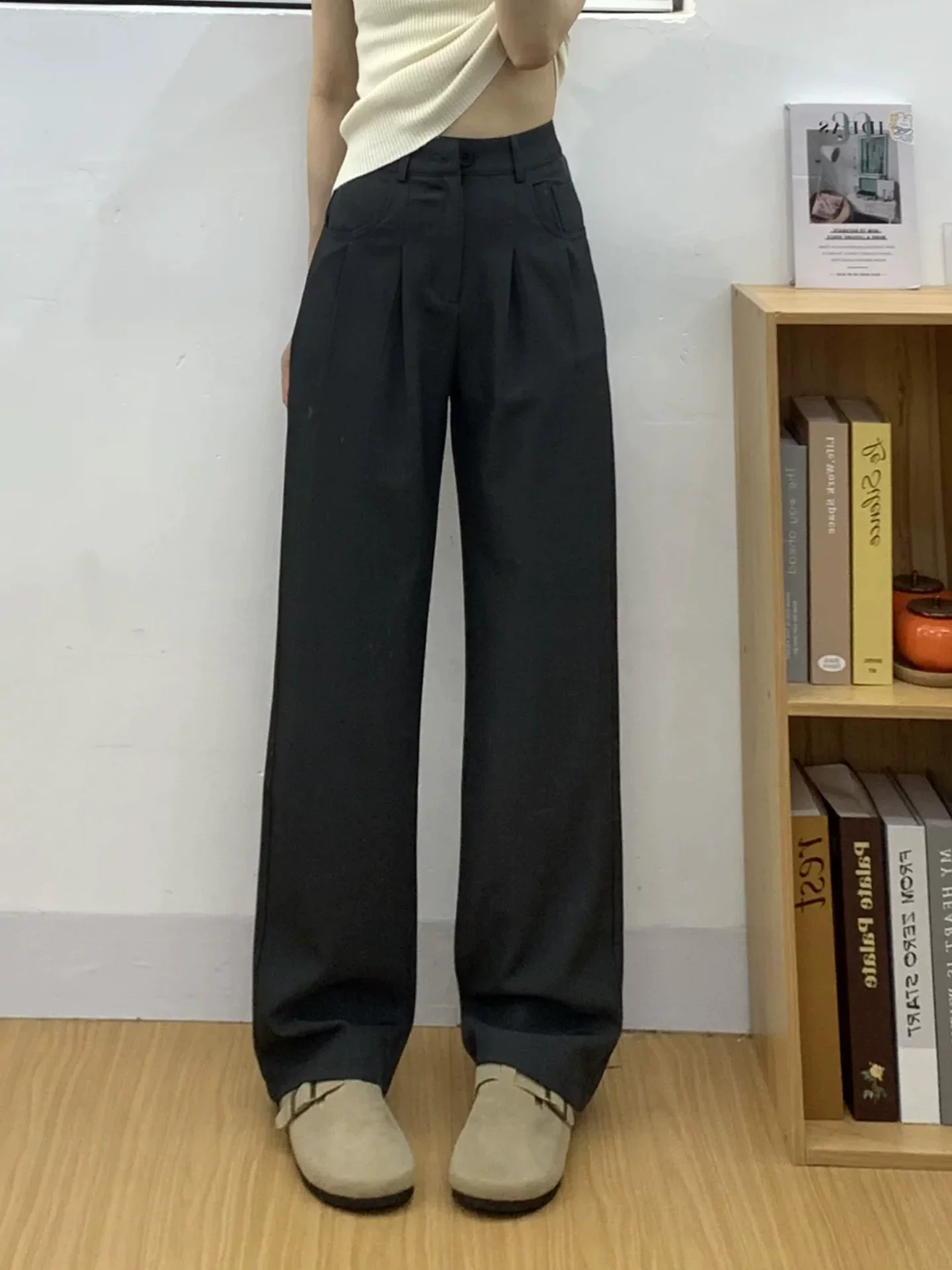 Quần ống rộng kiểu vest cao cấp màu xám dành cho nữ, kiểu dáng mùa hè mới, cỡ lớn, lưng cao, tôn dáng, quần ống đứng suôn mềm, mặc thường ngày.