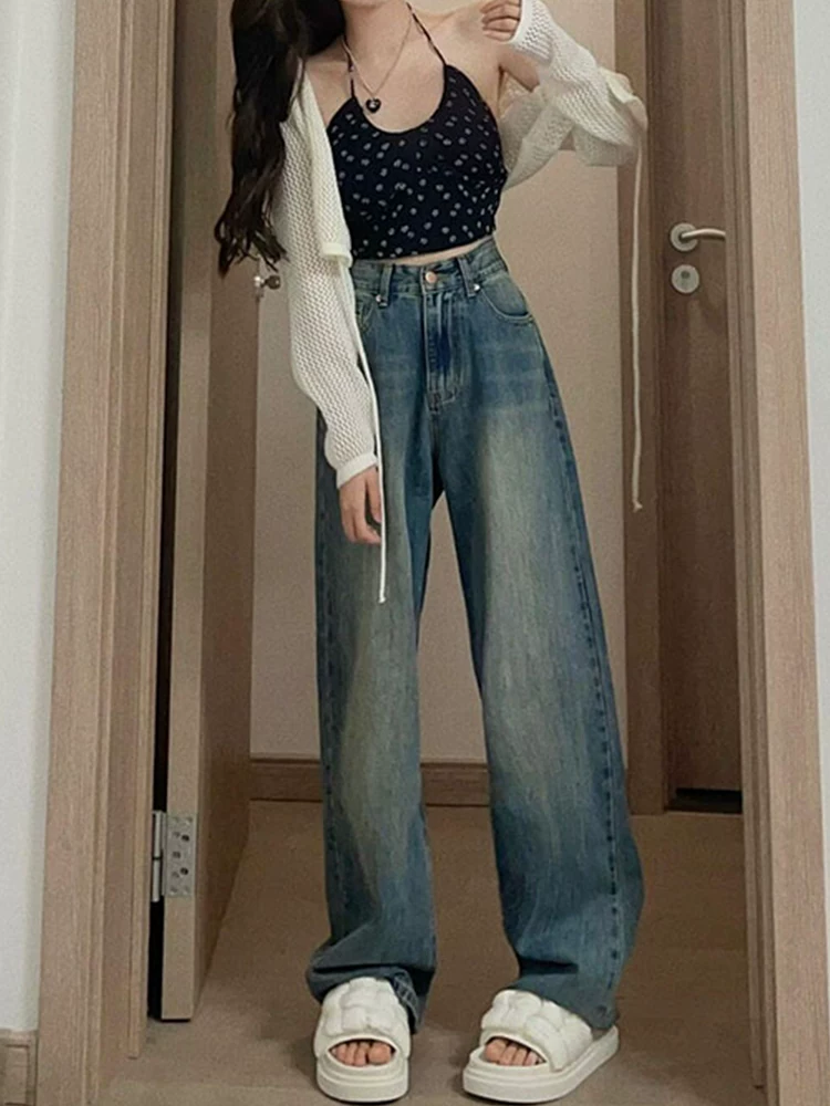 Quần jean ống thẳng dáng quả lê dành cho nữ, cỡ lớn, mặc đầu thu, lưng cao, dáng rộng, dáng suông, quần dài rộng, dài chạm sàn