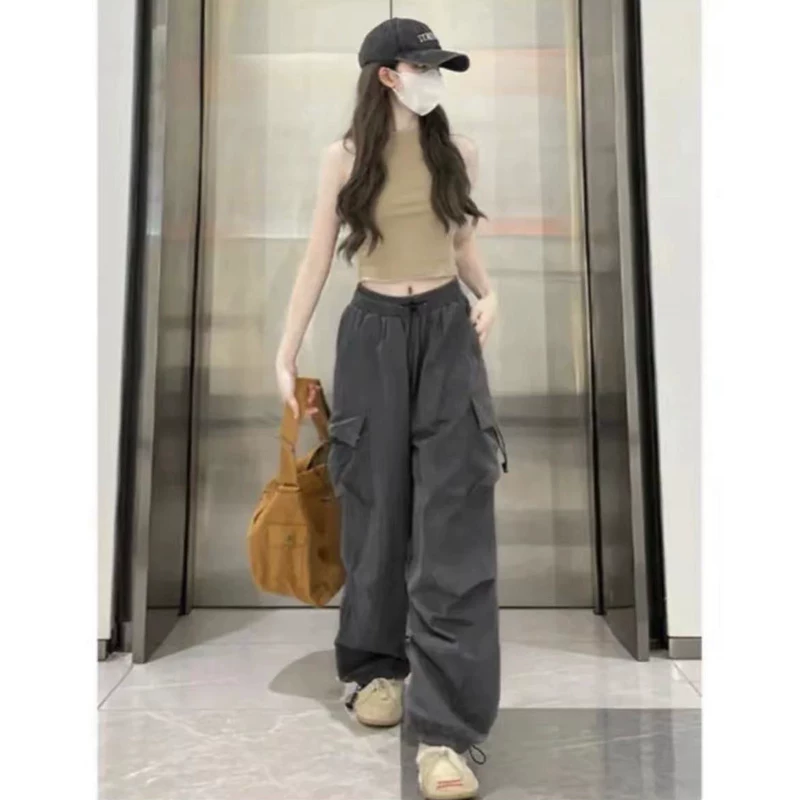 Quần cargo dáng lửng nữ, size lớn mùa hè, cạp cao, rộng rãi, che hông, tôn dáng, quần jogger ống rộng dài