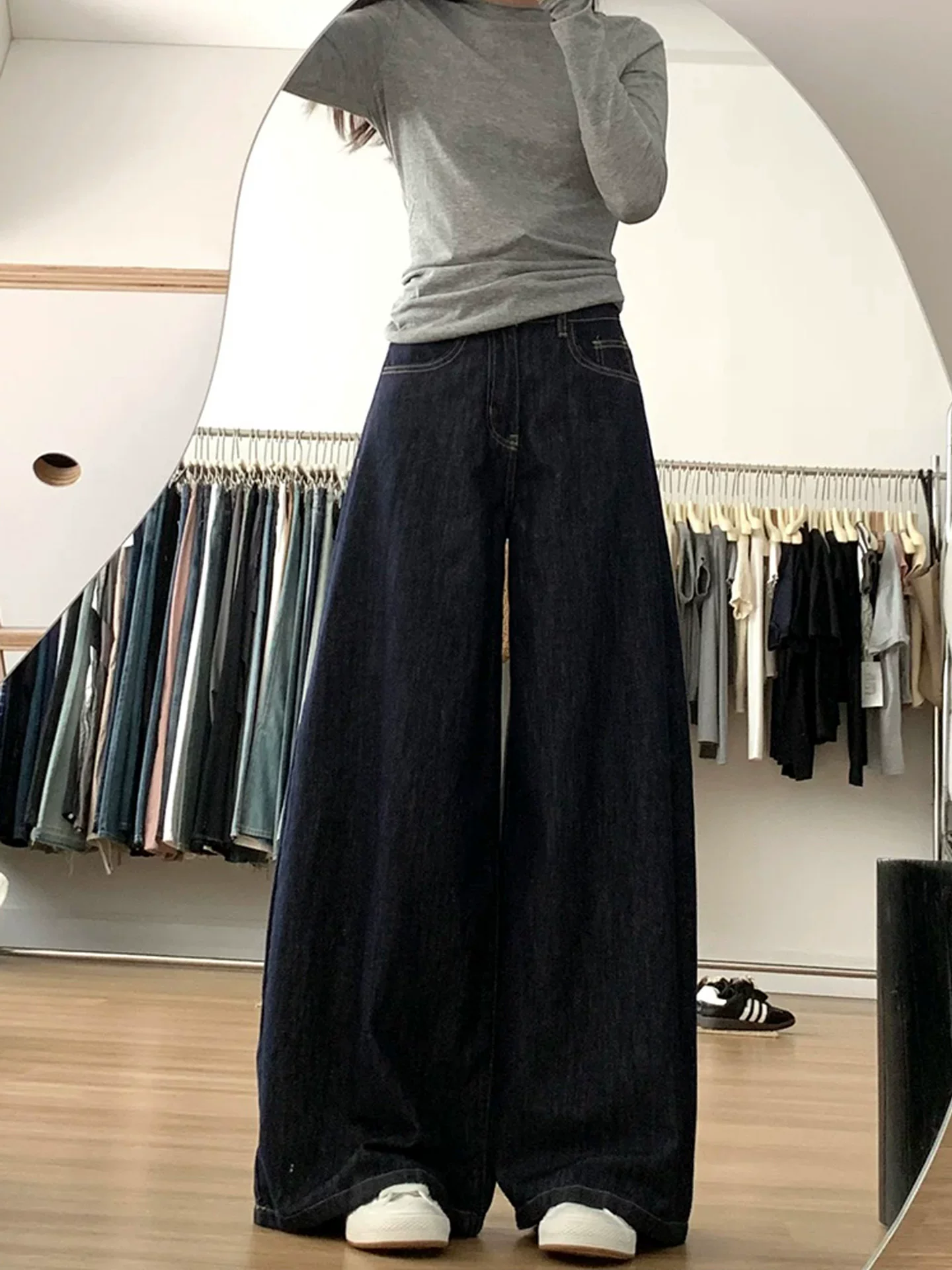 Quần jean ống rộng chữ A lưng cao màu xanh đậm dành cho nữ, mùa thu, cỡ lớn, dáng rộng, tôn dáng, dáng quả lê, quần dài chạm sàn