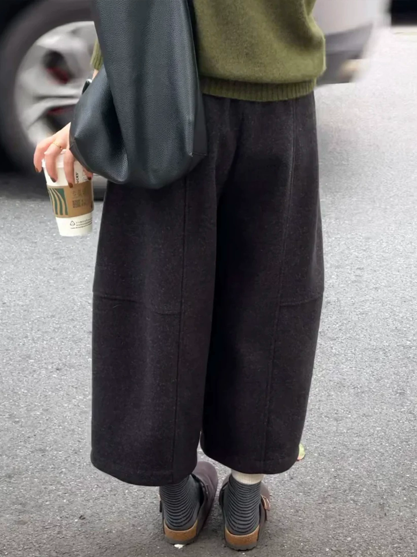 Quần ống rộng bằng len cho nữ, mùa thu đông, lót lông cừu, cỡ lớn, lưng cao, giảm béo, nhỏ nhắn, quần cắt kiểu dao thường ngày