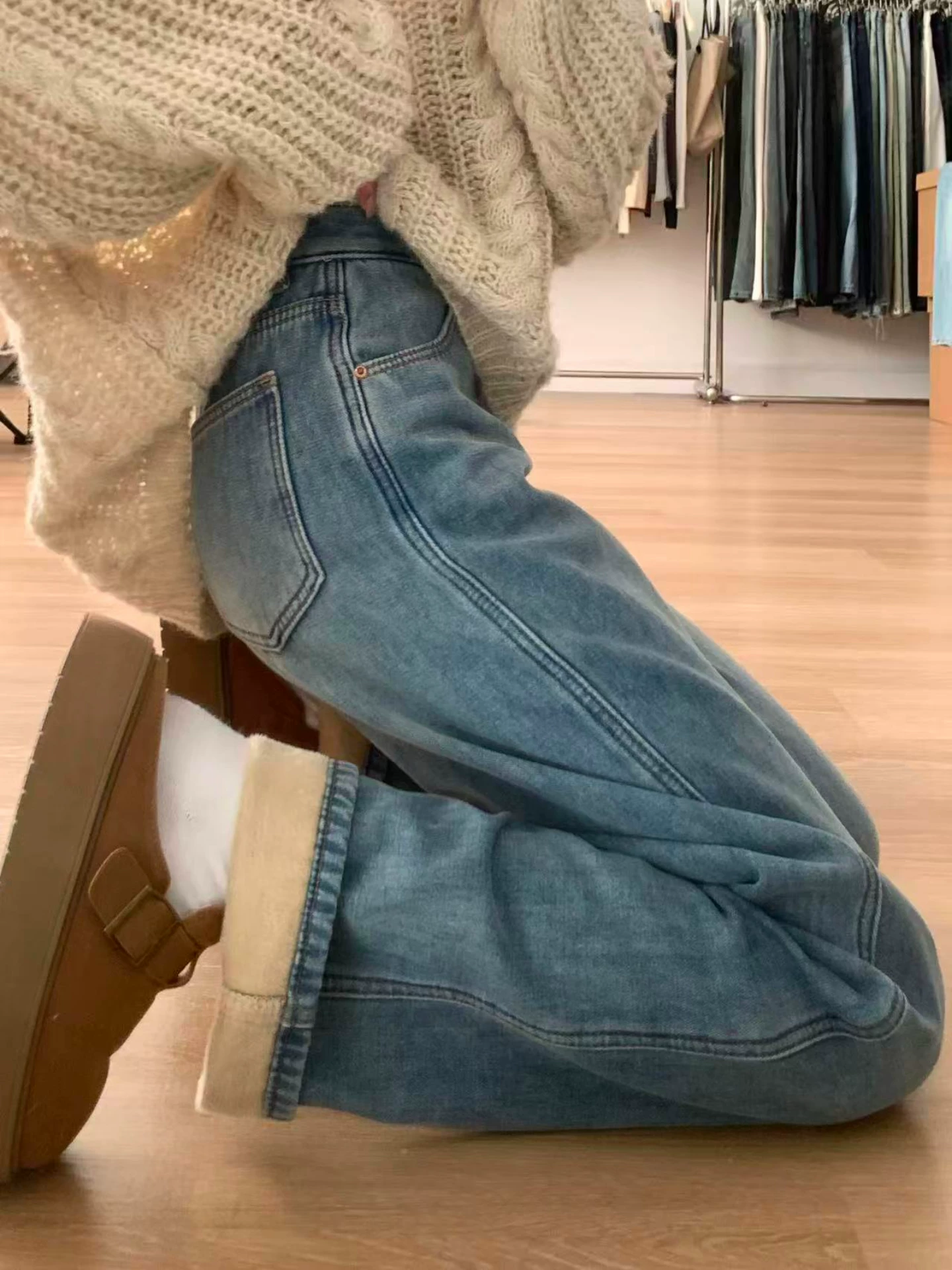 Quần jean ống đứng lưng cao màu xanh lam dành cho nữ, mùa thu đông, cỡ lớn, lót lông cừu, dày dặn, giảm béo, dáng quả lê, quần ống rộng