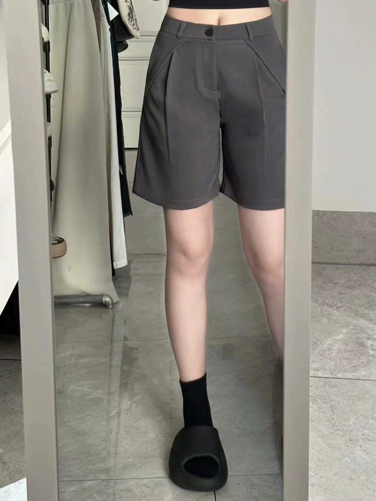 Quần short dáng quả lê dành cho nữ, kiểu dáng mỏng mùa hè, cỡ lớn, lưng cao, che hông, mềm mại, tôn dáng, quần ống rộng dài vừa phải, phong cách giản dị