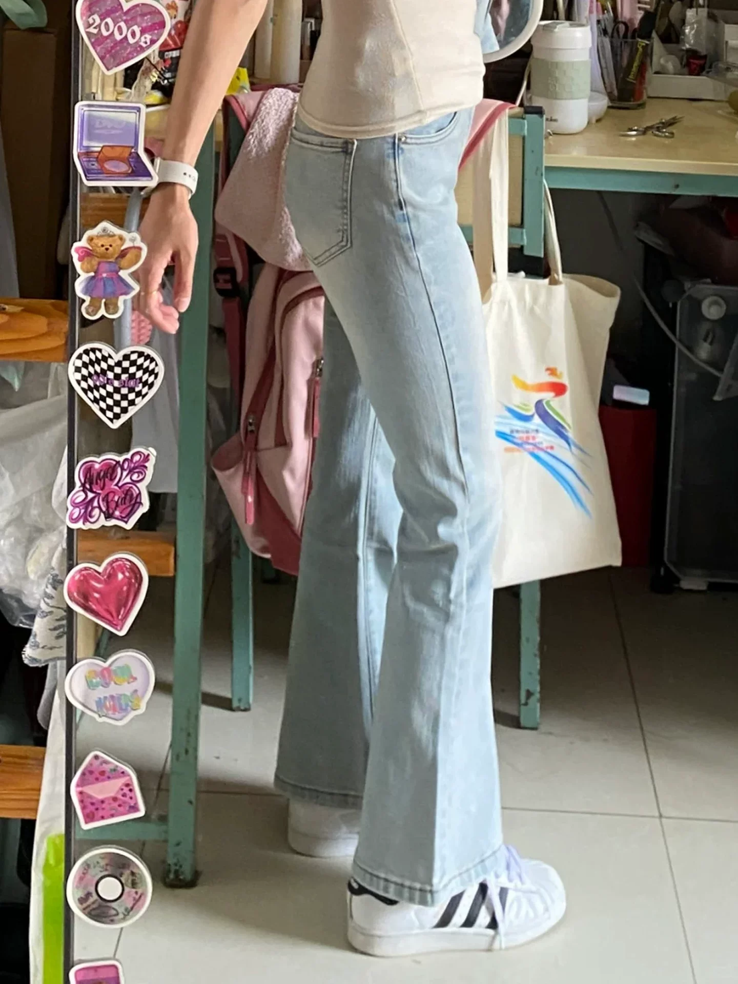 Quần jean bootcut màu xanh nhạt dành cho nữ, mùa thu, cỡ lớn, dáng quả lê, lưng cao, co giãn, giảm béo, nhỏ nhắn, quần móng ngựa