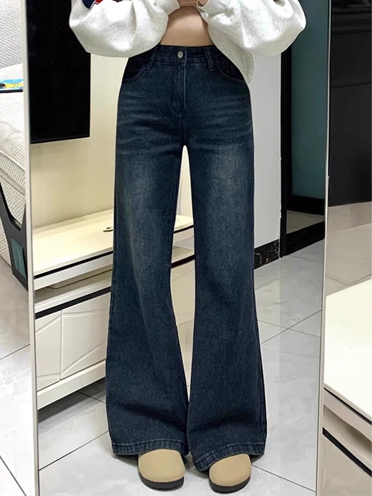 Quần jean ống loe dày lót lông cừu dành cho nữ, mùa thu đông, cỡ lớn, lưng cao, dáng rộng, thon gọn, không bó sát ở chân, quần ống chuông.
