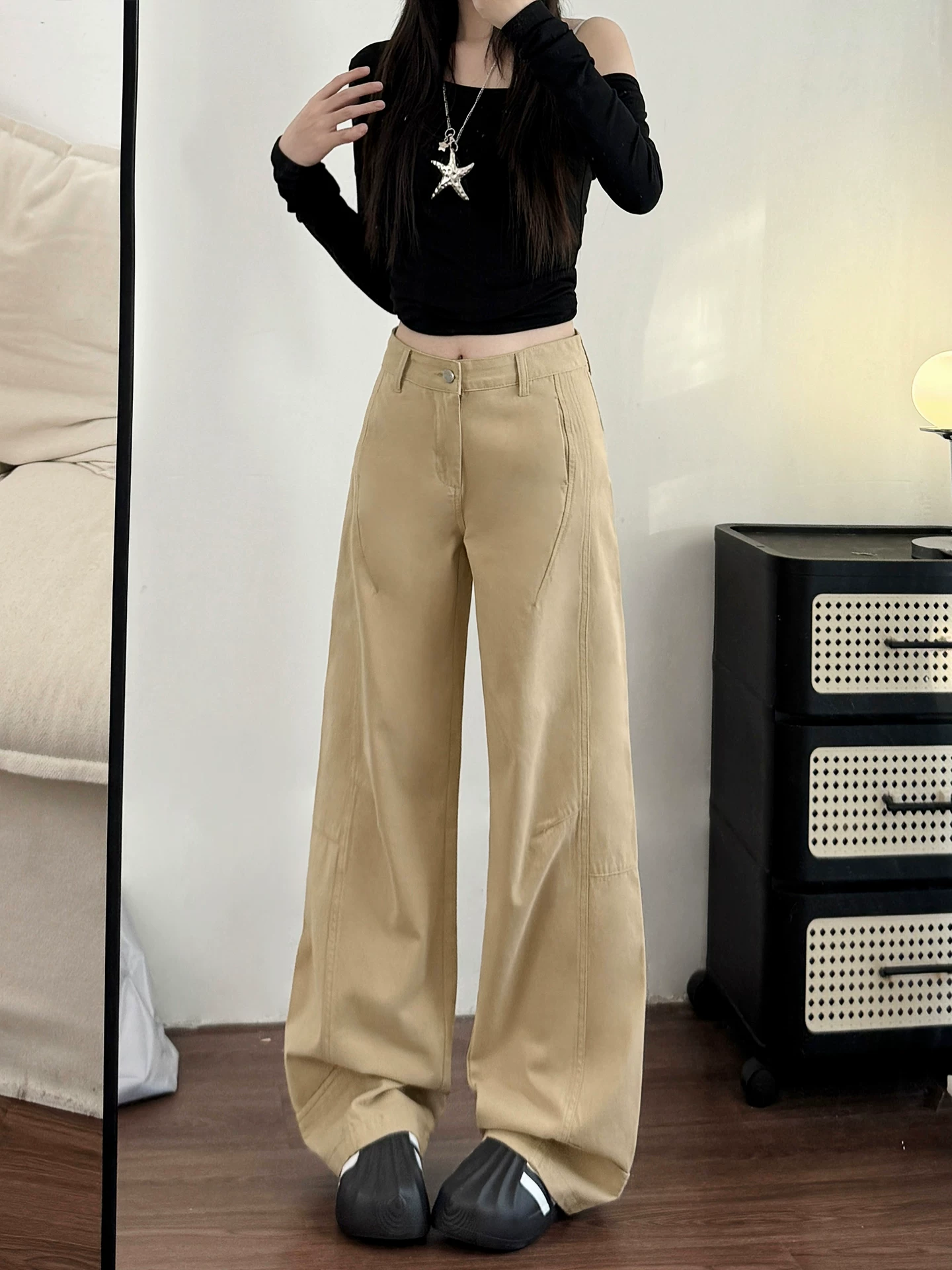 Quần jean ống rộng màu kaki cho nữ, kiểu dáng mùa thu mới, cỡ lớn, lưng cao, dáng rộng, dáng thon gọn, dáng quả lê, quần ống thẳng