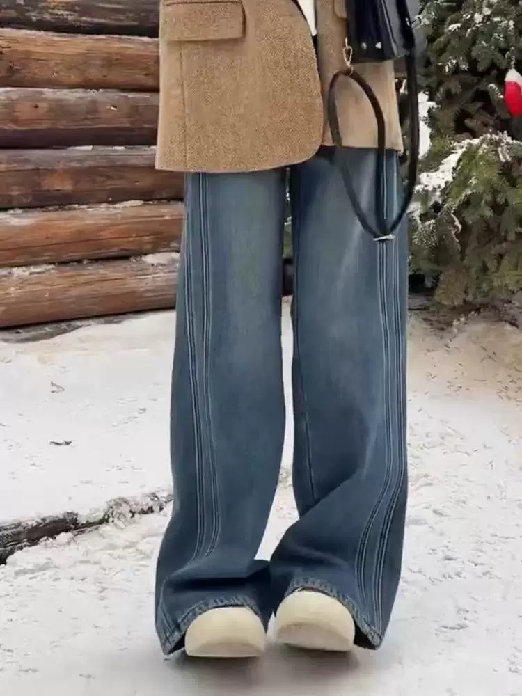 Quần jean ống rộng màu xanh cổ điển dành cho nữ, mùa thu đông, lót lông cừu, dày, cỡ lớn, lưng cao, dáng rộng, tôn dáng, ống thẳng, quần dài chạm sàn.